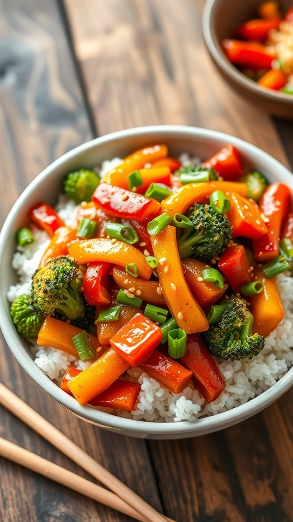 A colorful stir-fry with frozen vegetables served over rice, garnished with sesame seeds and green onions.